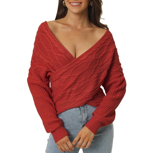 Seta T Women s Casual Long Sleeve V Neck Cross Wrap Off Shoulder Asymmetric Hem Knitted Crop Sweater Wine Red X large Target