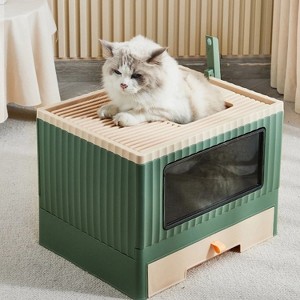 LunaLulinlk green Large litter box with lid, includes litter scoop, tray, and self-grooming side panels. - 1 of 4