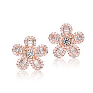 Guili Rosy Bloom Sterling Silver 18K Rose Plated Clear Cubic Zirconia Flower Stud Butterfly Earrings with a Feminine and Delicate Charm - 1 of 2