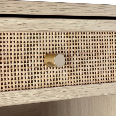 Light Oak and Rattan Floating Nightstand with Brass Knob