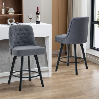 Zeus & Ruta Set of 2 360° Swivel Counter Height Stools with 26" Linen Upholstered Bar and Wood Legs