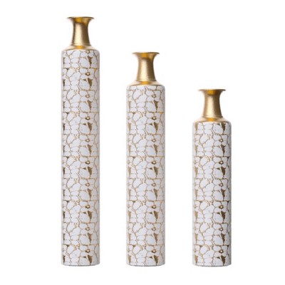 AENKYO Set of 3 White & Gold Floral Floor Vases, Etched Flower Pattern Ceramic-Like Vases for Living Room & Entryway, 24", 28", 32.3" Tall