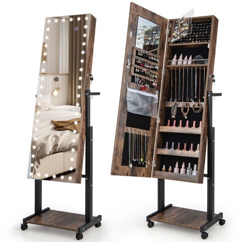 Full Length Mirror Jewelry Cabinet Jewelry Makeup Organizer with Drawer  &Wheels