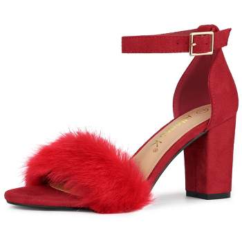 Allegra K Women's Faux Fur Buckle Closure Ankle Strap Block Heels Sandals