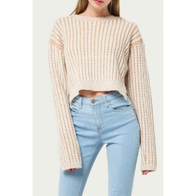 Women's CROPPED CABLE-KNIT STRIPED SWEATER - Fore