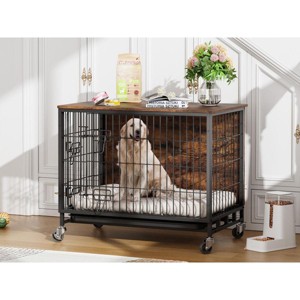 Acekool 32.5" Rustic Dog Crate & Side Table - Wood Kennel with Wheels for Medium/Large Dogs (138 characters) - 1 of 4