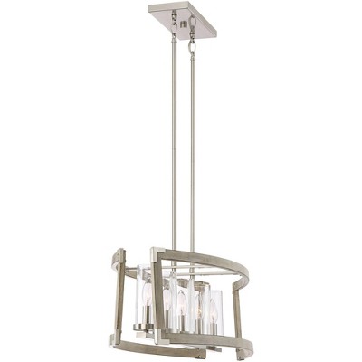 Modern Farmhouse Brushed Nickel and Wood Linear Island Chandelier