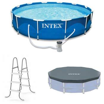 Intex 12' x 30" Round Metal Frame Outdoor Above Ground Swimming Pool Set with Filter Pump, Cartridges, 42 Inch Steel Pool Ladder, and Secure Cover
