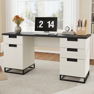 Antique White Farmhouse Office Desk (59") with Embossed Top–4 Drawers & Storage Cabinet, Wooden Teacher Desk for Home Office,Bedroom, or Study - 1 of 4