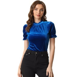 INSPIRE CHIC Women's Short Sleeve Velvet Keyhole Back Ruffle Mock Neck Shirt - 1 of 4