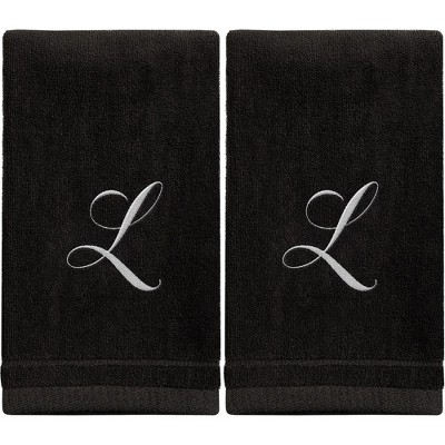 Creative Scents Black Fingertip Monogrammed Towels White Embroidered