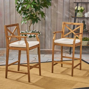 Set of 2 Outdoor Acacia Wood Barstools, 28.5" Counter Height Bar Chairs with Arms, X-Back Design and Water-Resistant Cushions - Koiai - 1 of 4