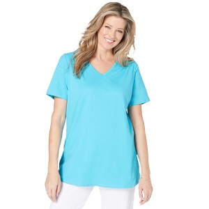 Woman Within Women's Plus Size Short-Sleeve V-Neck Shirred Tee - 1 of 4