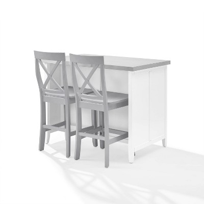 Silvia 51'' White and Gray Kitchen Island with Stainless Steel Top and X-Back Stools