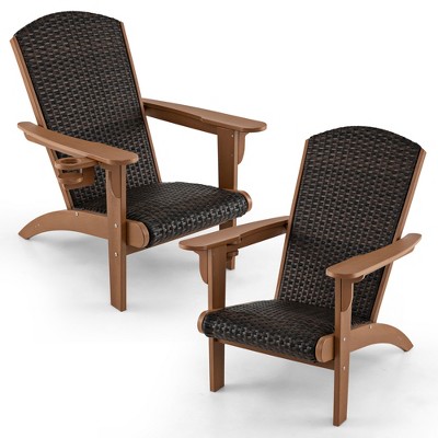 Tangkula Set of 2 Adirondack Chair w/ Rattan Padded Seat & Back Wide Hidden Cupholder Patio