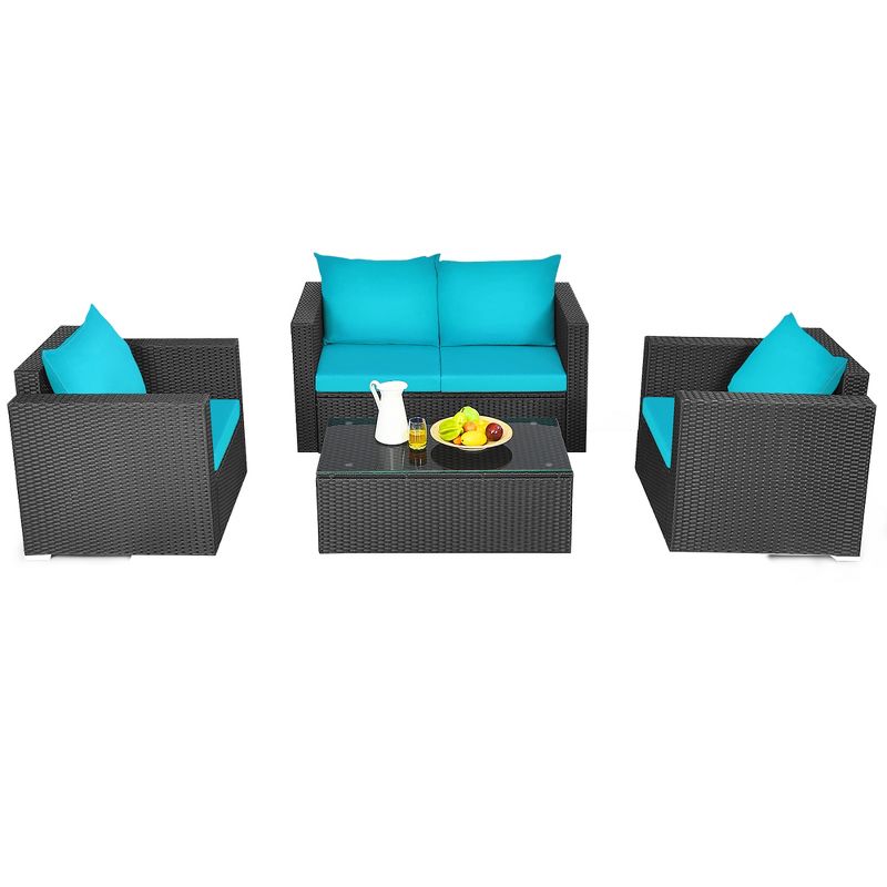 Tangkula 4PCS Rattan Patio Conversation Set Outdoor Furniture Set w/ Navy & Turquoise Cushions, 5 of 8
