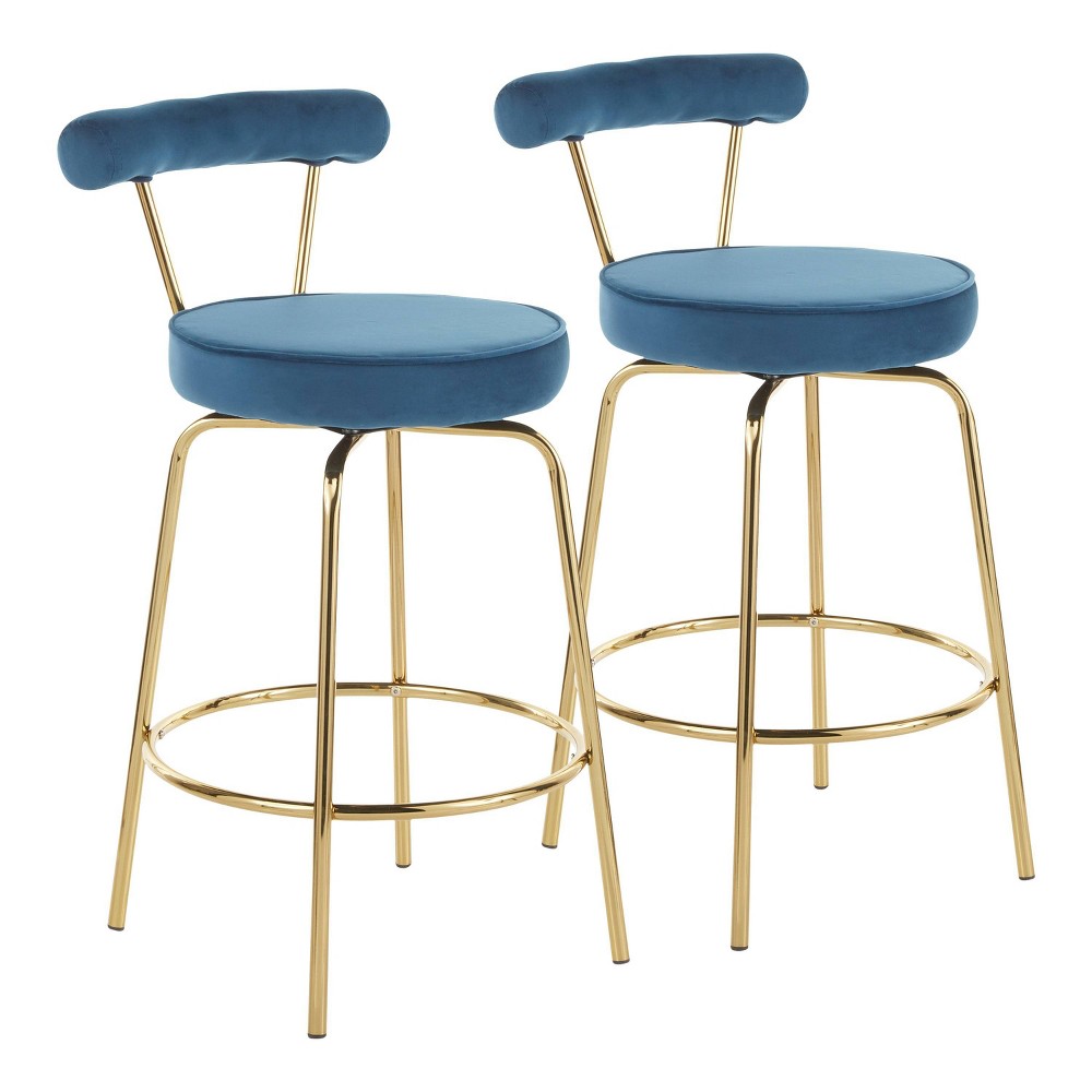 Photos - Chair Set of 2 Rhonda Glam Counter Height Barstools Blue Velvet - LumiSource: Go