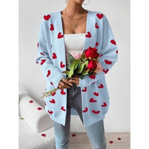 Heart Cardigan Sweater for Women Oversized Valentine Cardigan Cute Love Print Open Front Knit Sweaters Coat with Pockets - 1 of 4