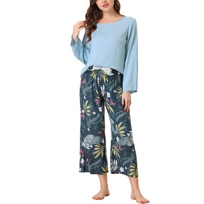 cheibear Womens 2pcs Long Sleeve Capri Pants Floral Lounge Set Sleepwear Pajama Sets
