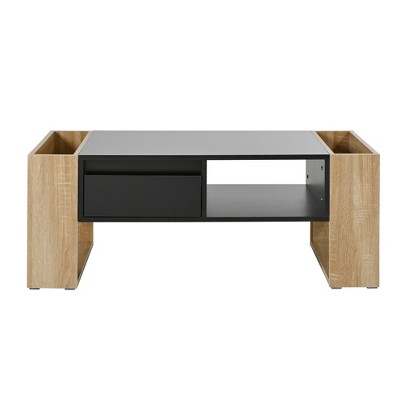 Lirago High Gloss Coffee Table 2 Drawers Two Tone Hidden Storage Rectangle Cocktail Table Open Shelf Living Room Bedroom Black 41 3 x 23 6 Inches