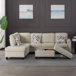 MAYEERTY 94.5 Inch L-Shaped Sectional - Solid Wood & Iron Frame, Storage Ottoman, Built-in Cup Holders - 1 of 4