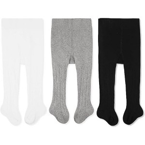 Cozyway Cable Knit Cotton Leggings/Tights for Baby Girls, 3 Pack, White/Gray/Black, 0-6 Months Old - 1 of 4