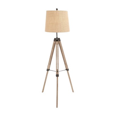 25" x 63" Tall Industrial Iron and Wood Tripod Floor Lamp with Linen Tapered Drum Shade Beige - Olivia & May