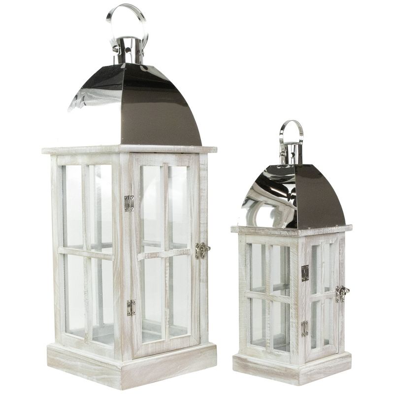 Northlight Set of 2 Antique White Wood Candle Lanterns with Silver Tops 21.5", 1 of 5