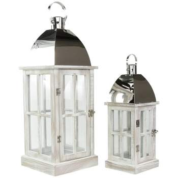 Northlight Set of 2 Antique White Wood Candle Lanterns with Silver Tops 21.5"