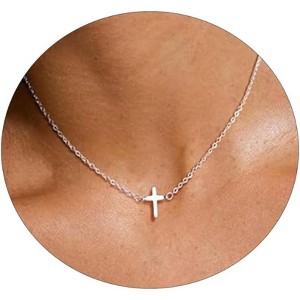 Gold Sideways Cross Necklace for Women, 14K Gold Plated Simple Everyday Choker - 1 of 4