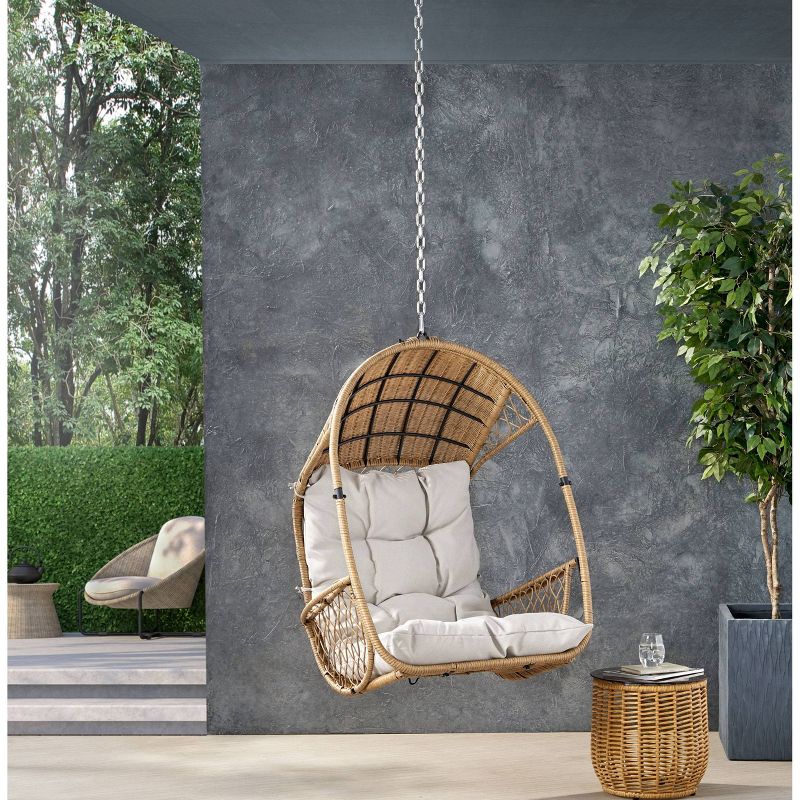 Greystone Indoor/Outdoor Wicker Hanging Chair with 8&#39; Chain - Light Brown/Beige - Christopher Knight Home, 3 of 11