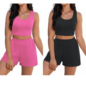 ATHLECHIC Women's Ribbed Knit Crop Tank Tops Short Sets with Pockets Travel Outfits 2 Pcs - 1 of 4