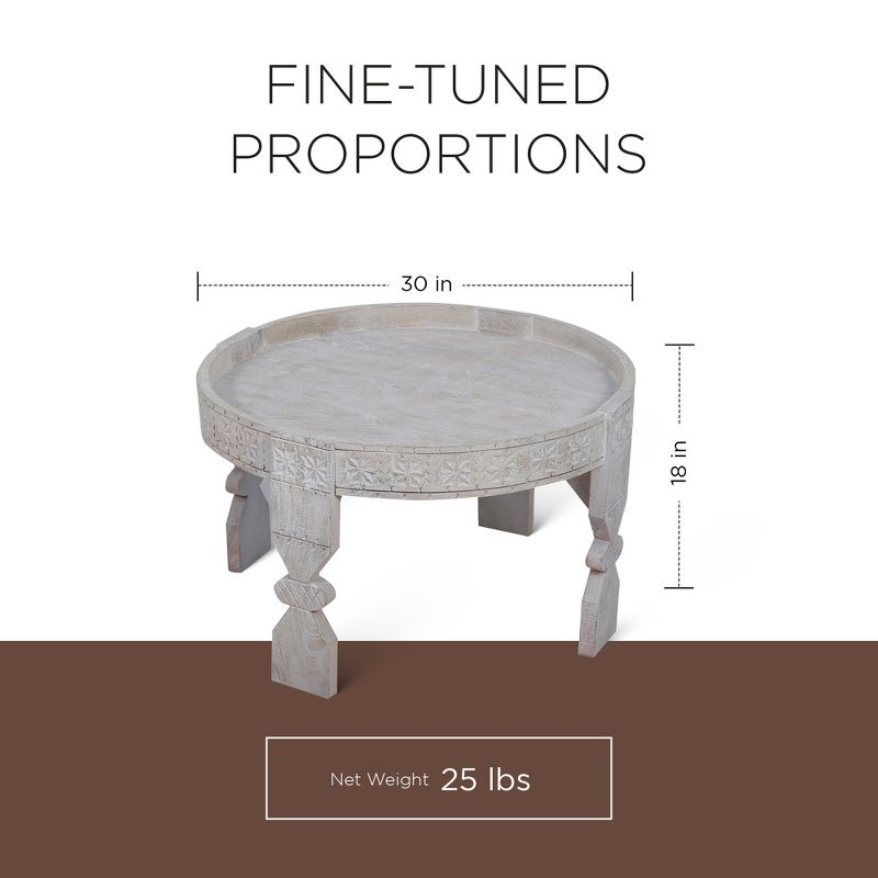 Maven Lane Ananya Handmade Heritage Round Wooden Coffee Table in White Distressed Finish, 5 of 7