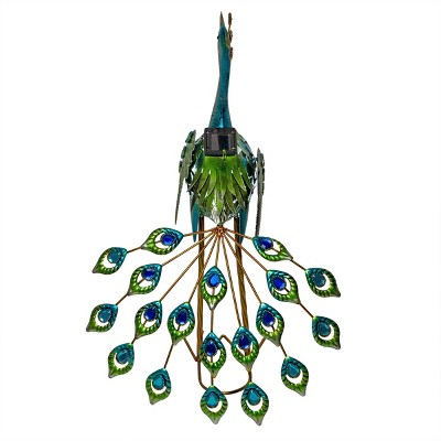 Solar-Powered Blue and Green Metal Peacock Garden Sculpture with LED Light, 20"
