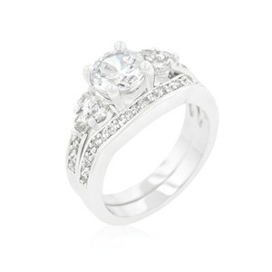 Slickblue Women’s Triple Stone Wedding Set – Rhodium Finish with Clear Cubic Zirconia, Size 5-10 - 1 of 4