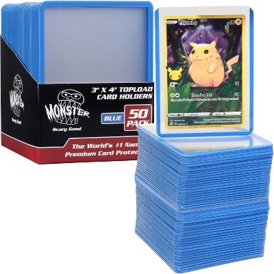 Monster Top Loaders for Trading Cards - 50, 3x4" Clear Hard Plastic Protector w Blue Border- Compatible w Yugioh, Sports & More