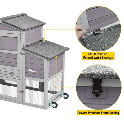 Gray and White Mobile Chicken Coop with Metal Wheels