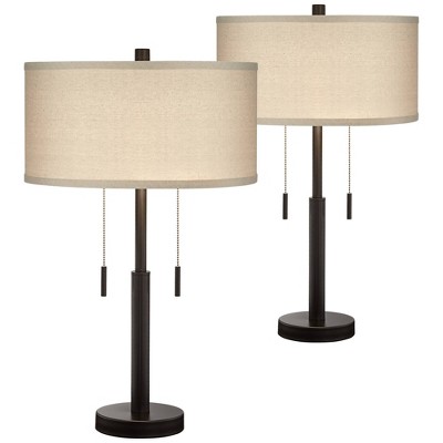 Franklin Iron Works Industrial Table Lamps Set of 2 with Hotel Style USB Charging Port Rich Bronze Drum Shade for Living Room Family Bedroom