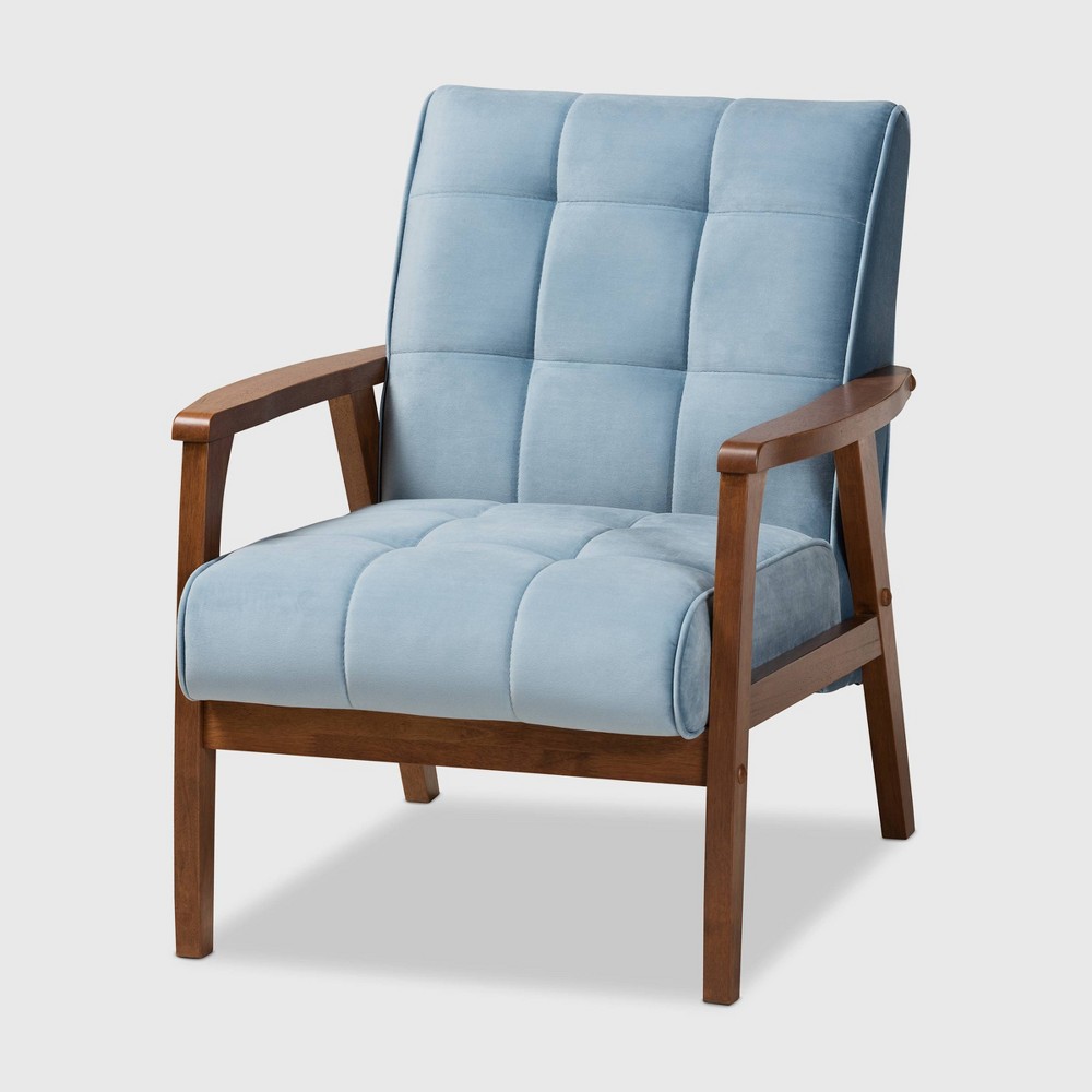 Photos - Chair Asta Velvet Upholstered Wood Armchair Light Blue/Walnut - Baxton Studio