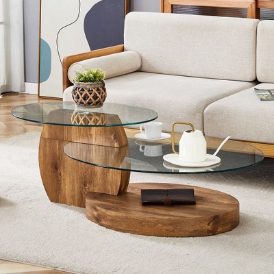 PAGED Modern Wood Grain Nesting Design Oval Coffee Table with Glass Top,2-Layer Tea table Center Table for Living Room,Bedroom