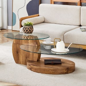 PAGED Modern Wood Grain Nesting Design Oval Coffee Table with Glass Top,2-Layer Tea table Center Table for Living Room,Bedroom - 1 of 4