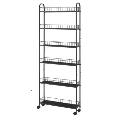 Fontoi Baker's Racks, 6 Tier Storage Cart with Wheels, Slim Slide Out Storage Rack with Baskets for Laundry Kitchen Narrow Space, Black, 6"*61"*22.8"