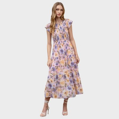 August Sky Women's Floral Smocked Ruffle Sleeve Tiered Midi Dress