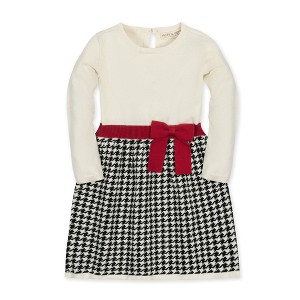 Hope & Henry Girls' Organic Long Sleeve Skater Sweater Dress with Bow, Ivory and Black Houndstooth, 18-24 Months - 1 of 4