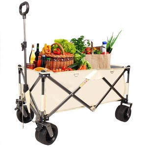 KTMBDW Folding Wagon, Heavy Duty Utility Beach Wagon Cart for Sand with Big Wheels, Adjustable Handle&Drink Holders for Shopping, Camping,Garden,Beige - 1 of 4