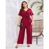 Women Plus Size Ruffle V Neck Short Sleeve Wide Leg Jumpsuits Summer Casual Belted Rompers - 2 of 4
