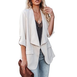 Womens Casual Jackets Fall Outfits for Lady Roll Up Open Front Blazer Longline Blazer Work Office Business Blazers - 1 of 4
