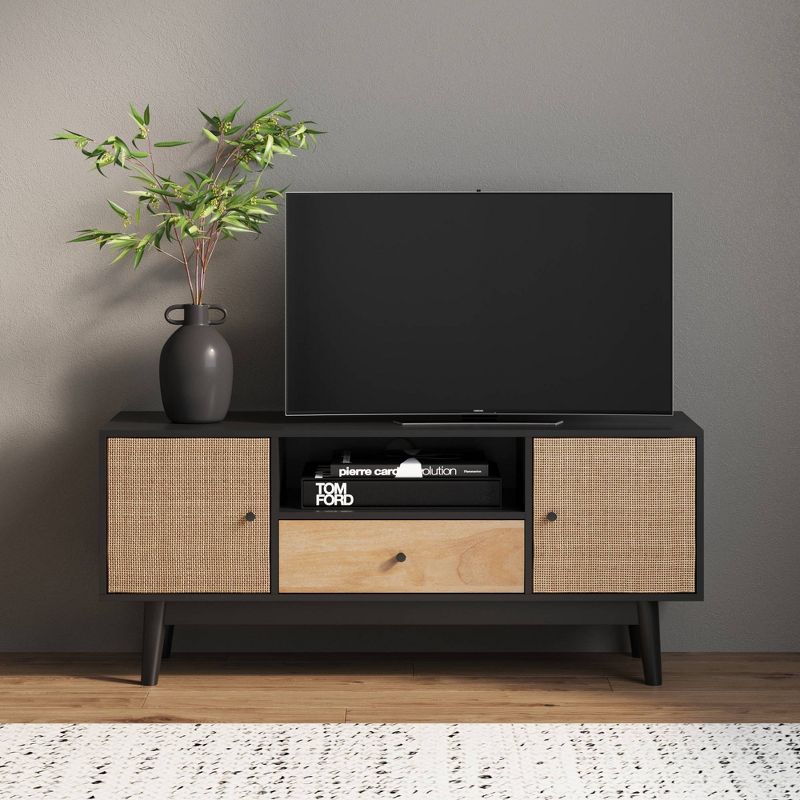 43&#34; Bonnie Rattan and Wood 2 Door TV Cabinet for TVs up to 59&#34; Matte Black/Light Mango Wood - Nathan James, 1 of 6