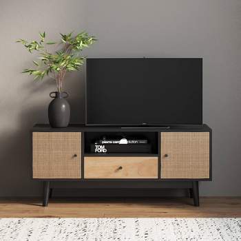 43" Bonnie Rattan and Wood 2 Door TV Cabinet for TVs up to 59" Matte Black/Light Mango Wood - Nathan James