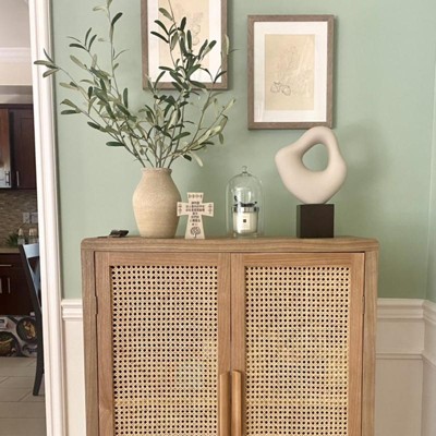 Alina Wood And Rattan 2 Door Accent Storage Cabinet Oak Baxton